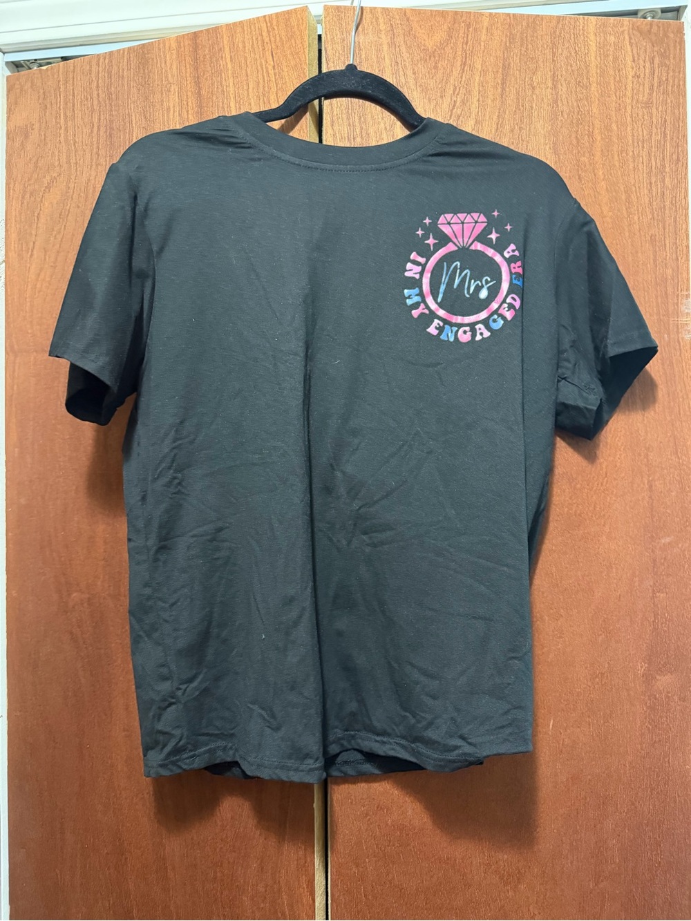 SHEIN Black Short Sleeve 'Mrs My Engaged' Graphic Tee with Pink Accent